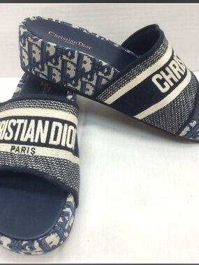 Dior Kids Navy and White Embroidered Logo Slide Sandals